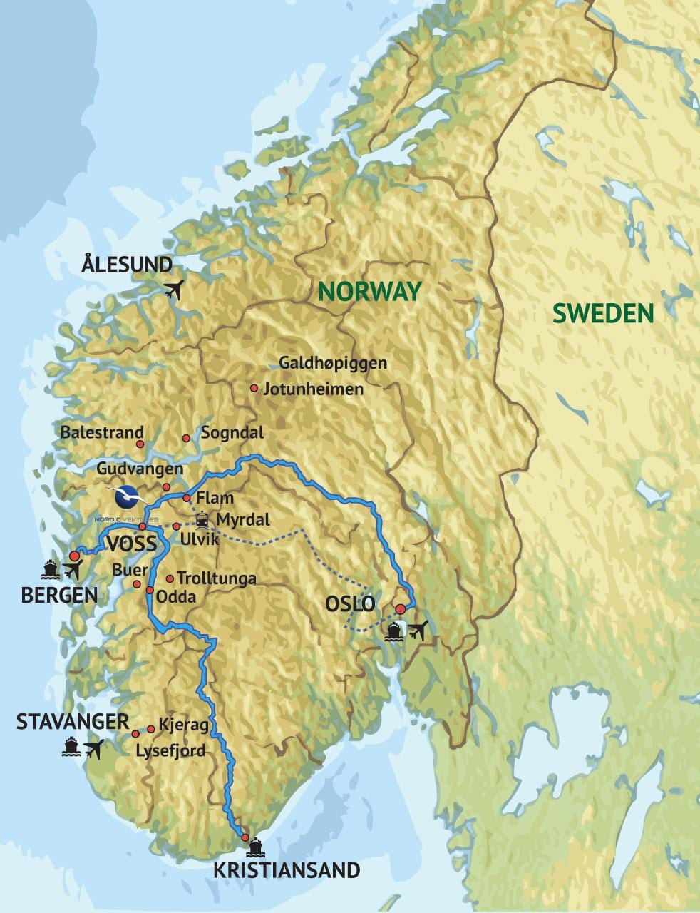 Carte de l'ouest de la Norvège