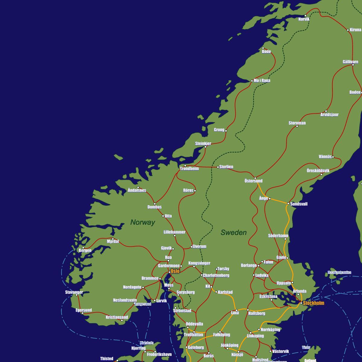 Carte de la Norvège itinéraires de train