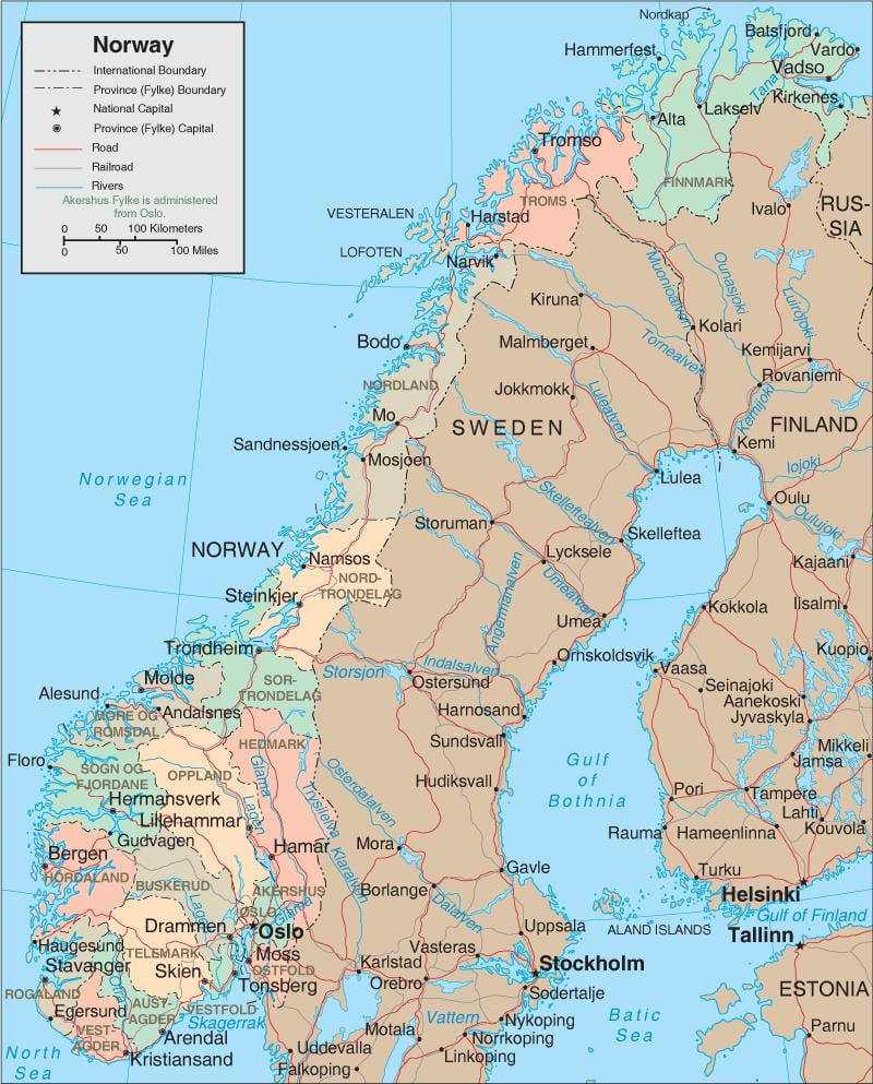 Carte de la Norvège, des chutes d'eau