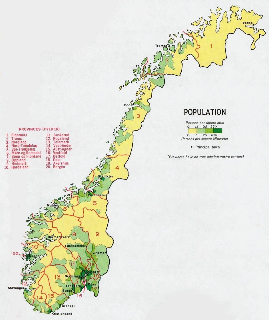 Carte de la population de la norvège