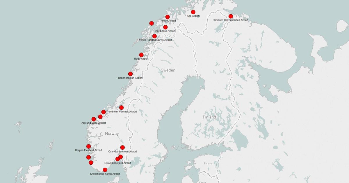 La carte des aéroports de Norvège