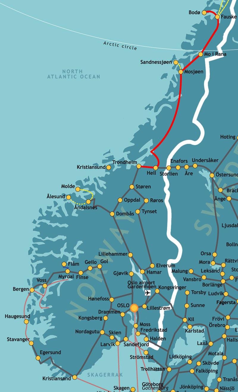 Carte de la Norvège chemin de fer du nord