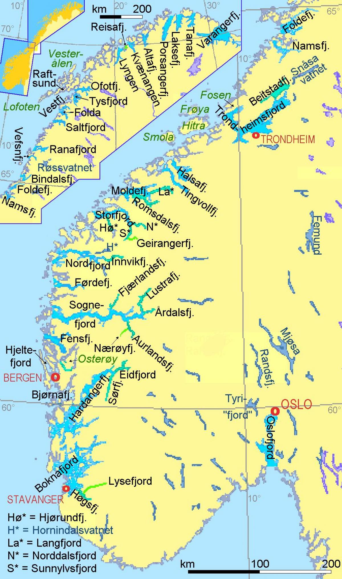 carte de la Norvège montrant les fjords