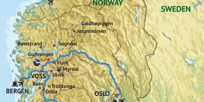 Carte du sud-ouest de la Norvège